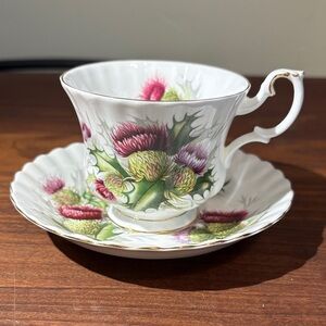 Royal Albert bone china made in England Highland Thistle teacup and saucer EUC